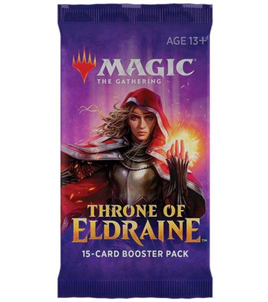 Throne of Eldraine booster pack shown, a purple foil pack emblazoned with the Magic the Gathering logo at the top, a A Caucasian woman with blonde hair and a fireball in her left hand in the center, and the words "Throne of Eldraine" at the bottom with the subtext "15-CARD BOOSTER PACK."