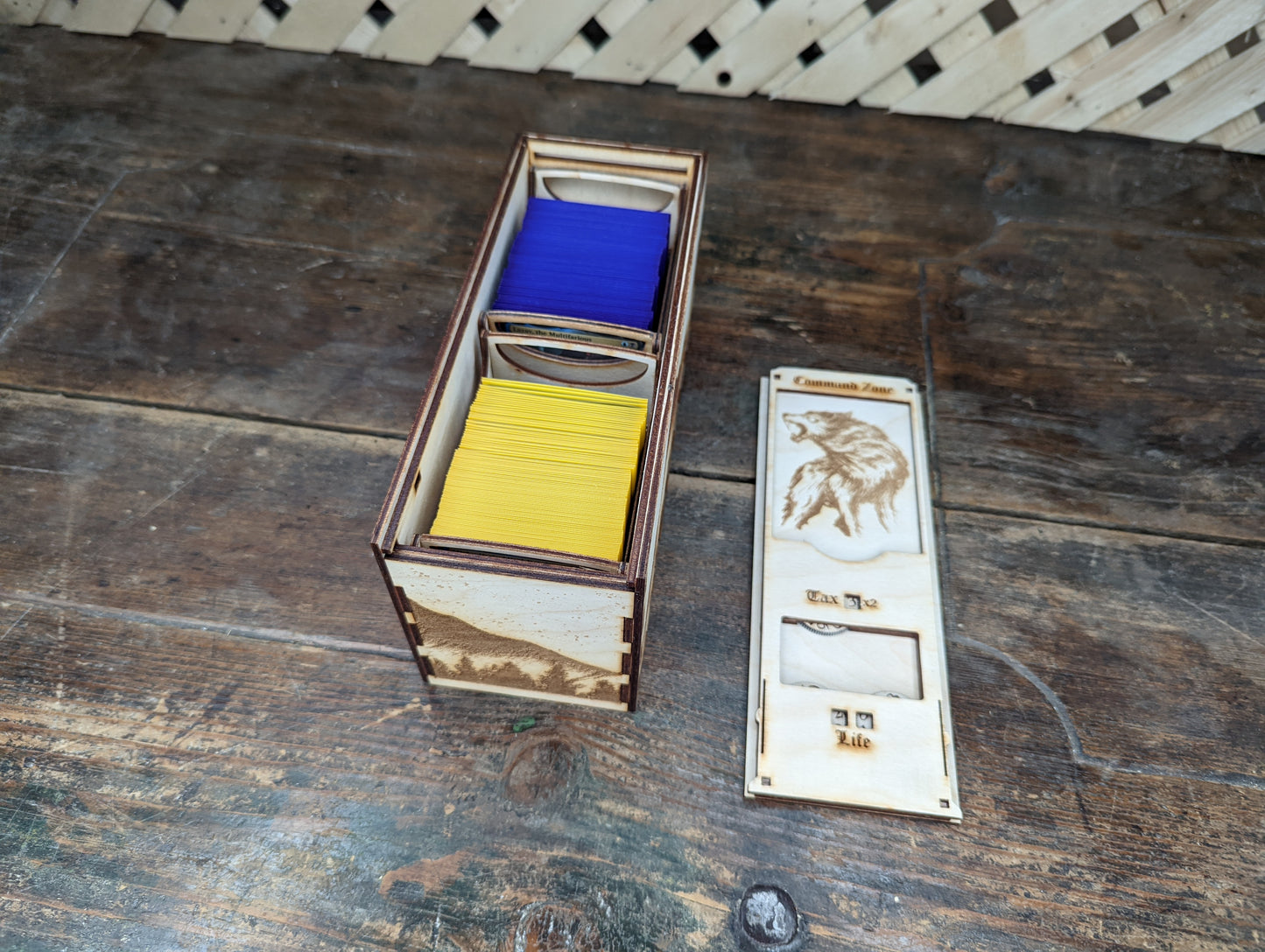EDH Deck Box with built-in life counter, tax tracker, and command zone - Full Moon Wolf Theme