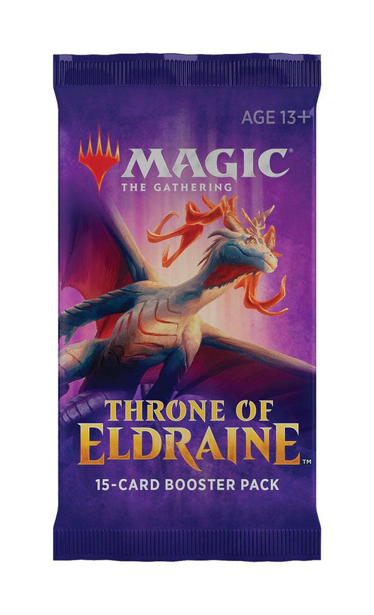 Throne of Eldraine booster pack shown, a purple foil pack emblazoned with the Magic the Gathering logo at the top, a flying white dragon creature in the center, and the words "Throne of Eldraine" at the bottom with the subtext "15-CARD BOOSTER PACK."