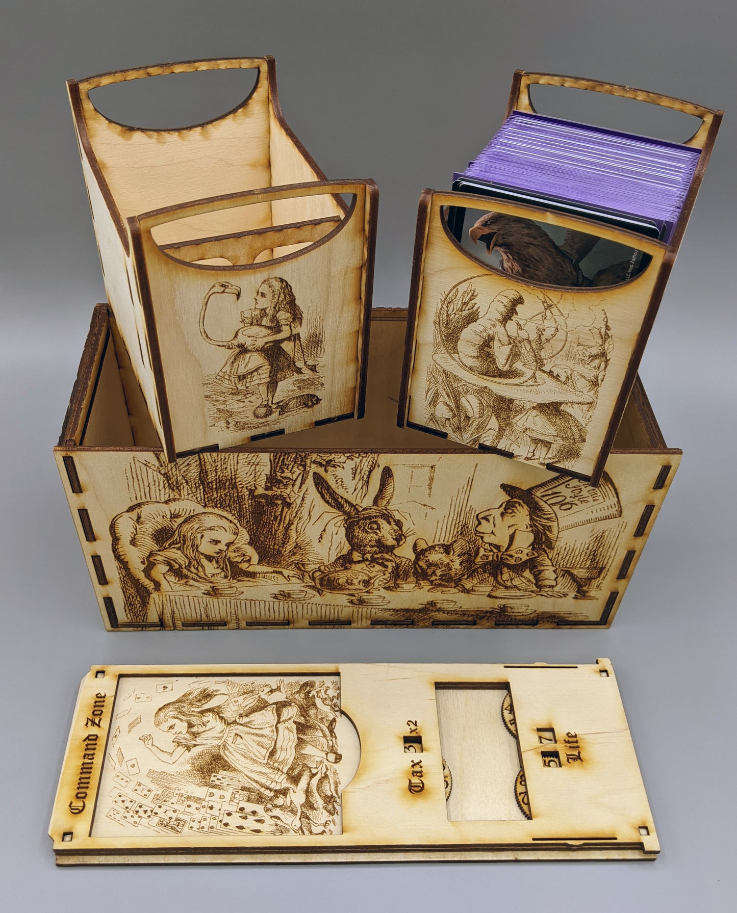 EDH Deck Box with built-in life counter, tax tracker, and command zone - Alice in Wonderland Theme