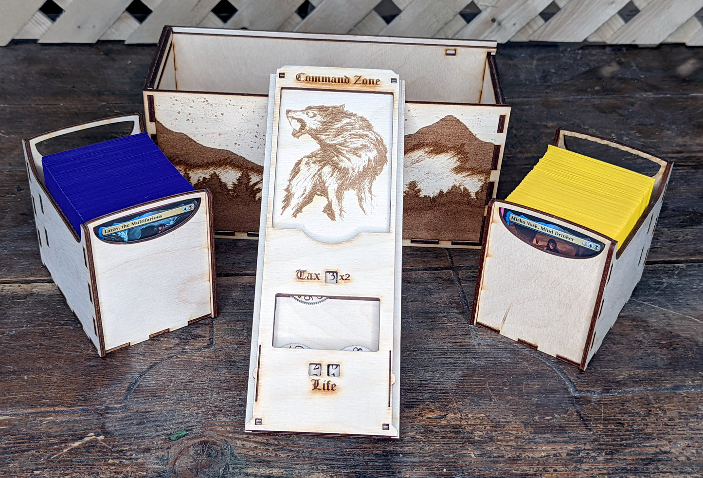 EDH Deck Box with built-in life counter, tax tracker, and command zone - Full Moon Wolf Theme