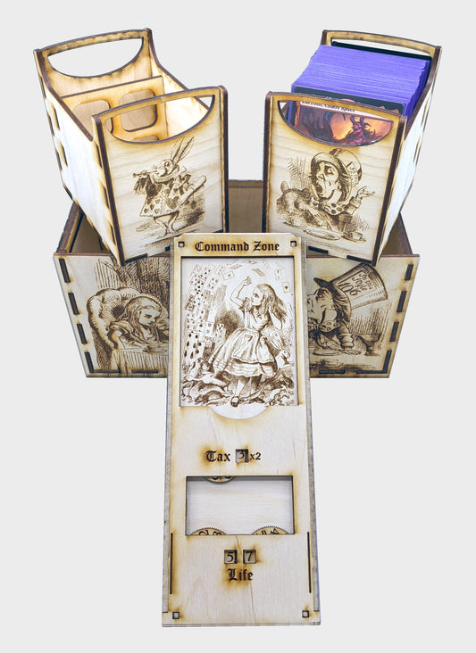 EDH Deck Box with built-in life counter, tax tracker, and command zone - Alice in Wonderland Theme